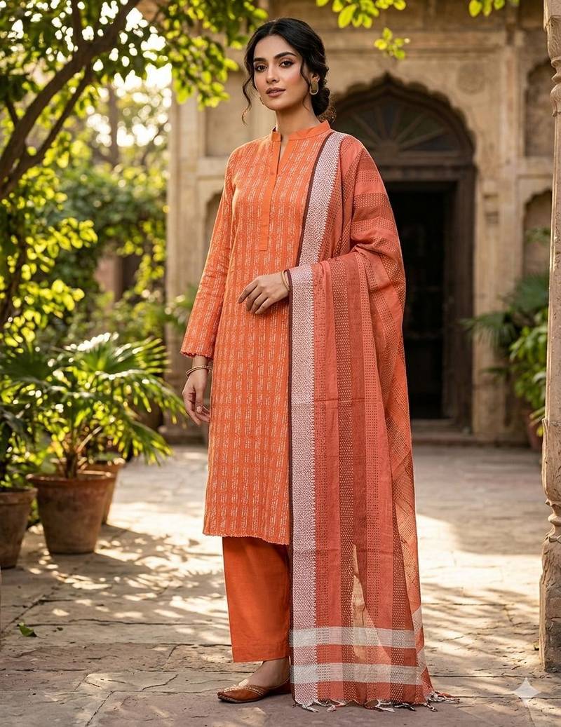 Orange color wevon designer ethnic partywear salwar kameez