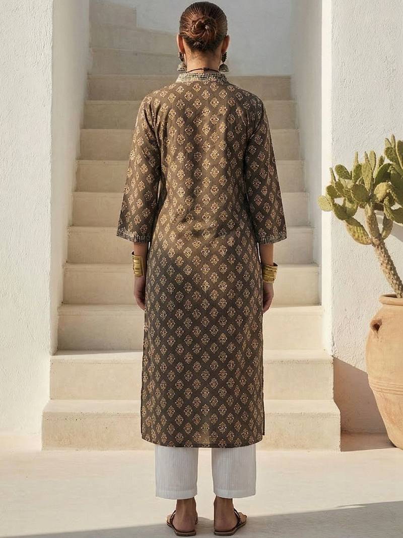Grey women ethnic motifs printed sequinned kurta