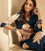 Teal women floral printed  straight kurta with trousers
