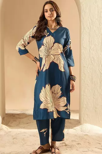 Teal women floral printed  straight kurta with trousers