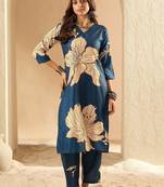 Teal women floral printed straight kurta with trousers