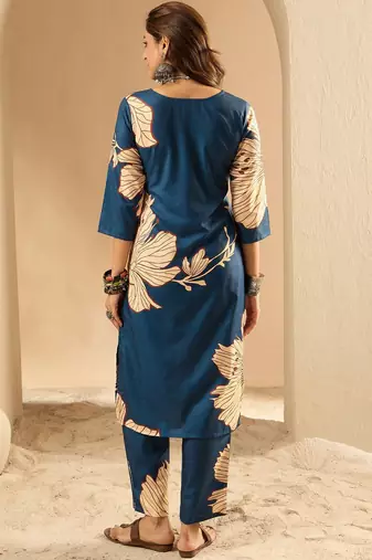 Teal women floral printed  straight kurta with trousers