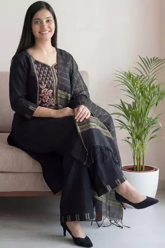 Black women ethnic motifs embroidered thread work kurta with palazzos & dupatta