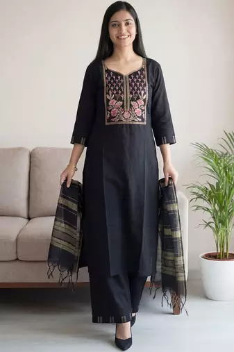 Black women ethnic motifs embroidered thread work kurta with palazzos & dupatta
