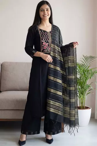 Black women ethnic motifs embroidered thread work kurta with palazzos & dupatta