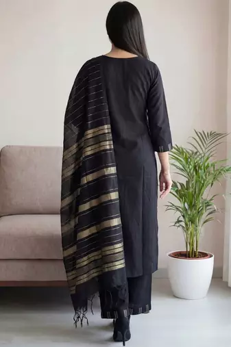 Black women ethnic motifs embroidered thread work kurta with palazzos & dupatta