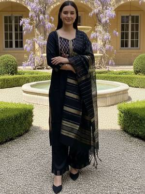 Black women ethnic motifs embroidered thread work cotton kurta with palazzos & with dupatta 1