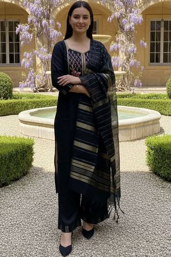 Black women ethnic motifs embroidered regular thread work  cotton kurta with palazzos & with dupatta