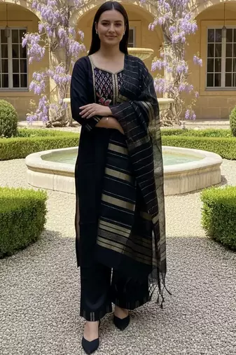 Black women ethnic motifs embroidered regular thread work pure cotton kurta with palazzos & with dupatta