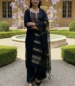 Black women ethnic motifs embroidered regular thread work pure cotton kurta with palazzos & with dupatta