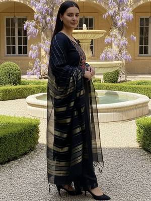 Black women ethnic motifs embroidered thread work cotton kurta with palazzos & with dupatta 2