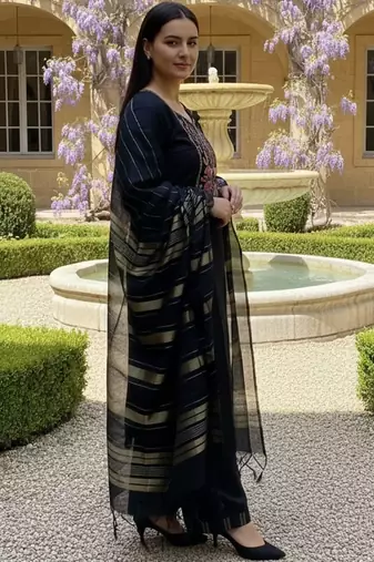 Black women ethnic motifs embroidered regular thread work pure cotton kurta with palazzos & with dupatta