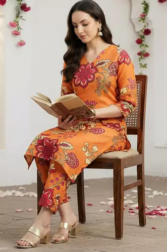 Orange orange printed straight kurta trousers set kurta sets