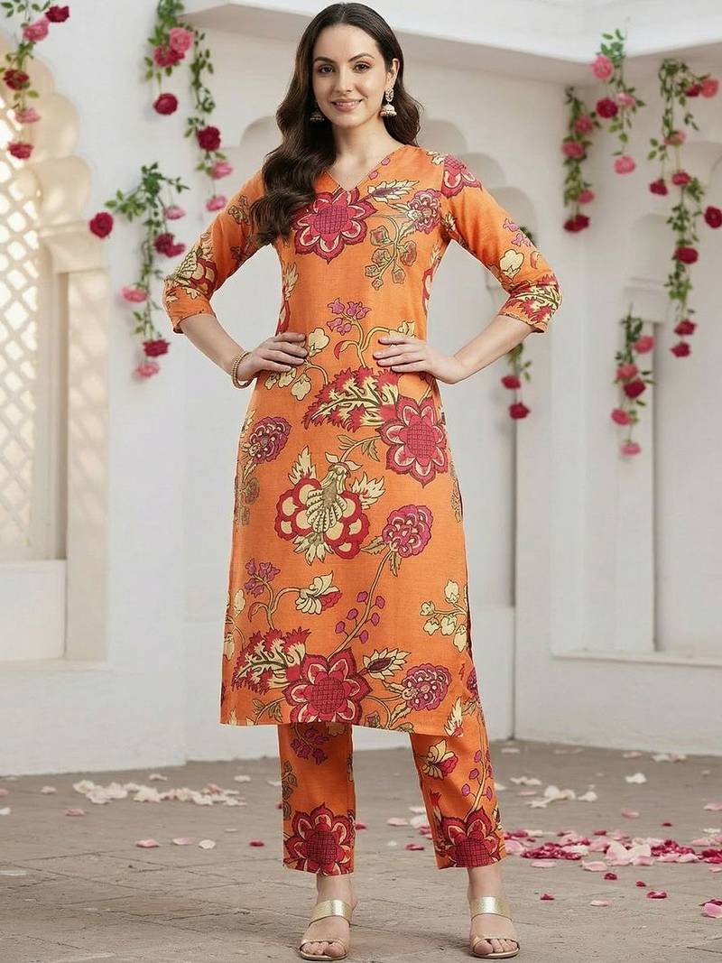 Orange orange printed straight kurta trousers set kurta sets