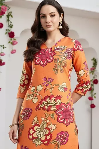 Orange orange printed straight kurta trousers set kurta sets