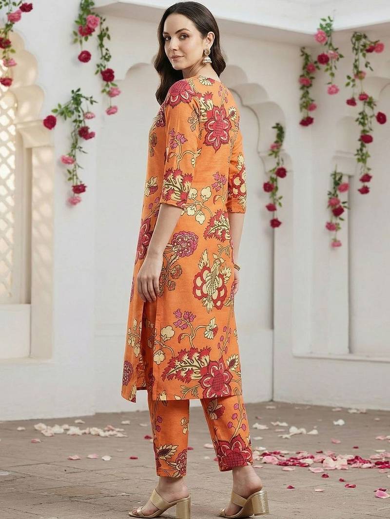 Orange orange printed straight kurta trousers set kurta sets