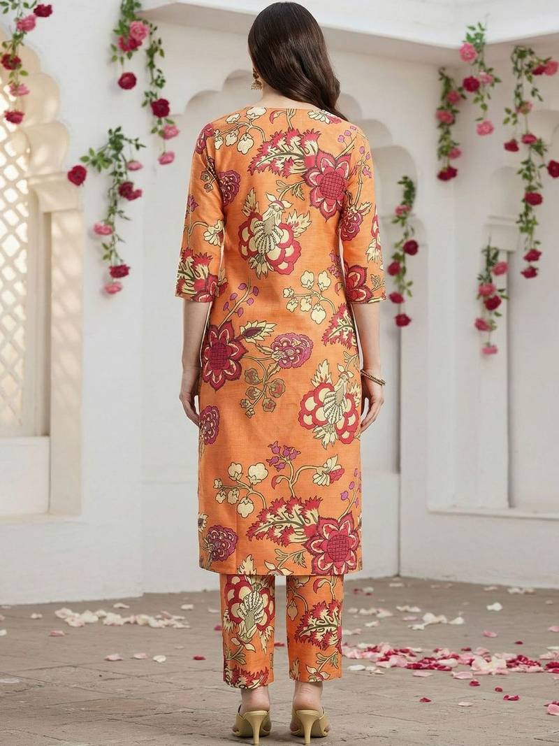Orange orange printed straight kurta trousers set kurta sets