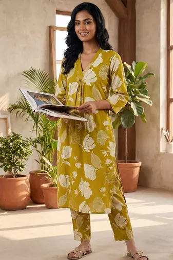 Mustard women floral printed regular pure cotton kurta with trousers