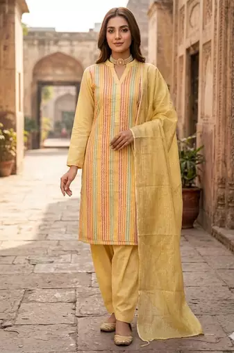 Yellow color wevon designer ethnic partywear salwar kameez
