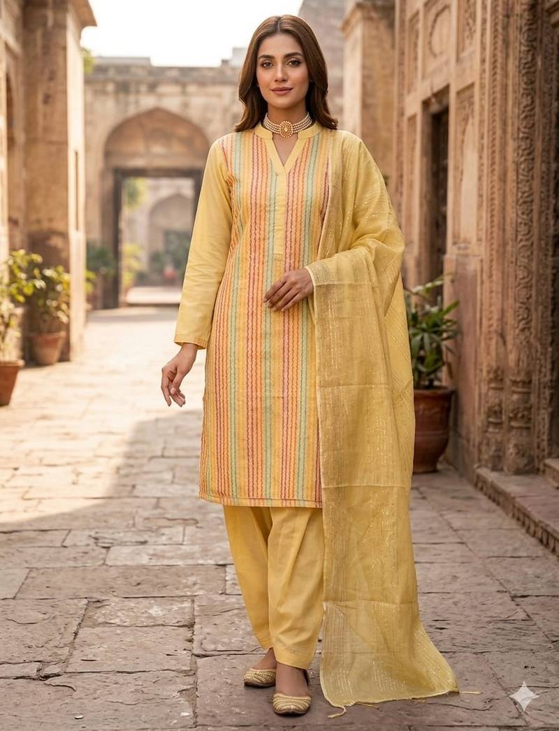 Yellow color wevon designer ethnic partywear salwar kameez