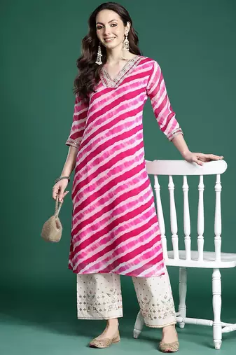 Pink leheriya printed mirror work kurta