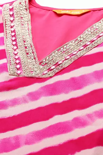 Pink leheriya printed mirror work kurta