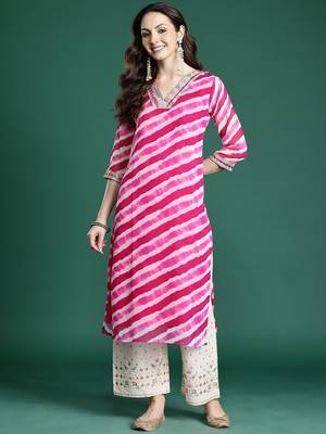 Pink leheriya printed mirror work kurta 3