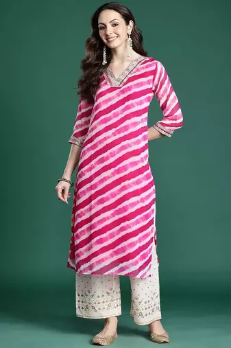 Pink leheriya printed mirror work kurta
