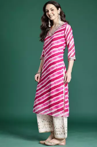 Pink leheriya printed mirror work kurta