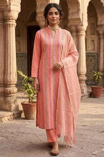Peach color wevon designer ethnic partywear salwar kameez