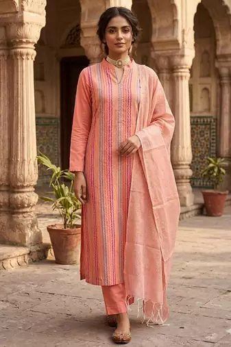 Peach color wevon designer ethnic partywear salwar kameez