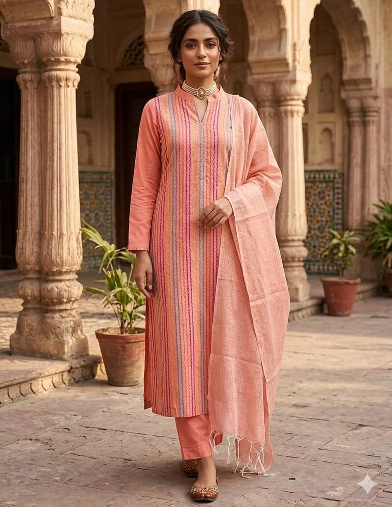 Peach color wevon designer ethnic partywear salwar kameez