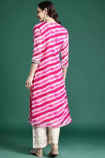 Pink leheriya printed mirror work kurta