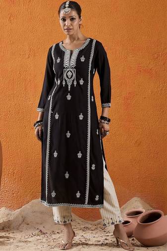 Black women ethnic motifs embroidered thread work kurta