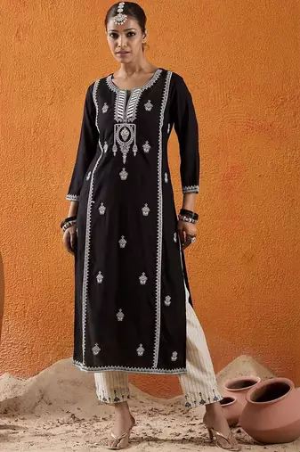 Black women ethnic motifs embroidered thread work kurta