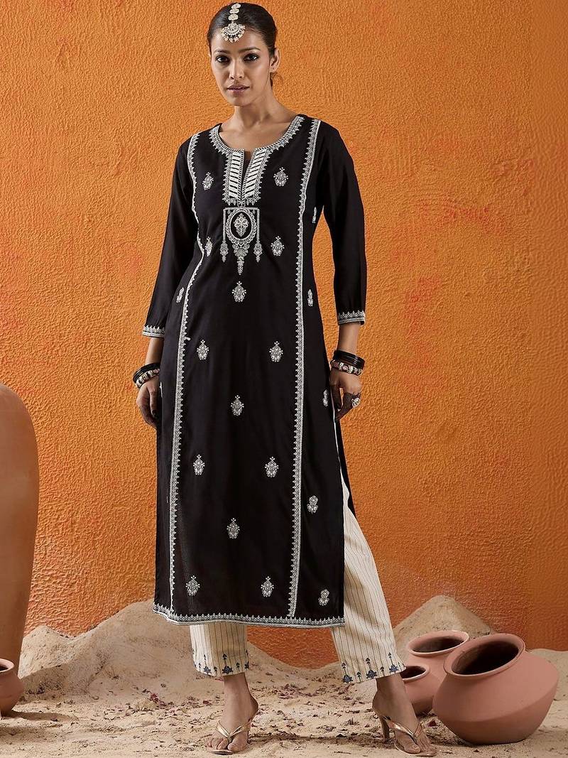 Black women ethnic motifs embroidered thread work kurta