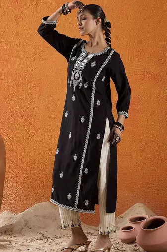 Black women ethnic motifs embroidered thread work kurta