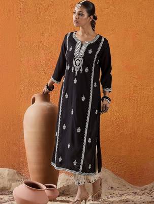 Black women ethnic motifs embroidered thread work kurta 5