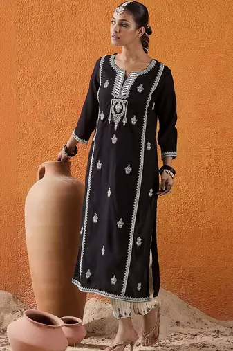 Black women ethnic motifs embroidered thread work kurta