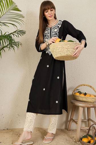Black women floral embroidered thread work kurta