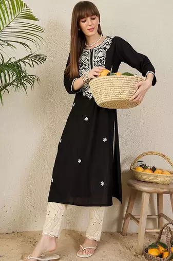 Black women floral embroidered thread work kurta