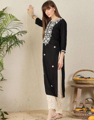 Black women floral embroidered thread work kurta 3