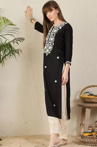 Black women floral embroidered thread work kurta