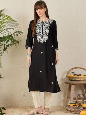 Black women floral embroidered thread work kurta 4
