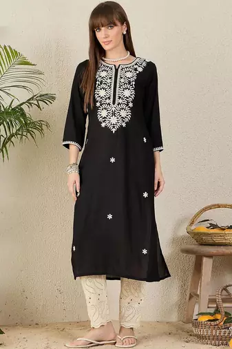 Black women floral embroidered thread work kurta