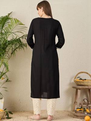Black women floral embroidered thread work kurta 5