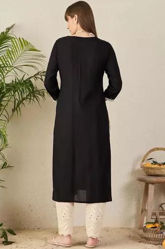 Black women floral embroidered thread work kurta