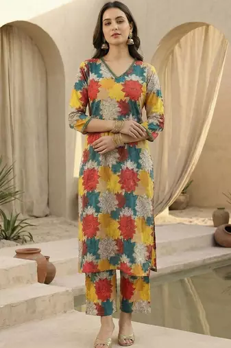 Multicolor women floral printed regular pure cotton kurta with trousers