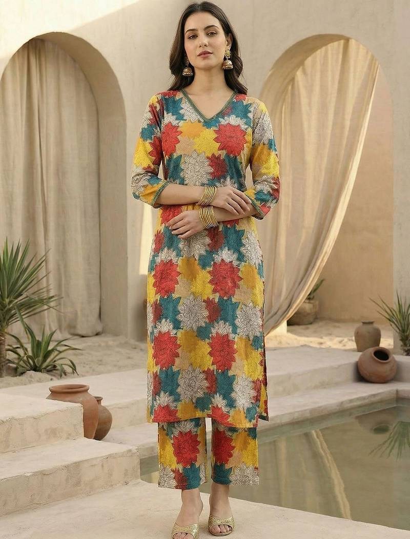 Multicolor women floral printed regular pure cotton kurta with trousers