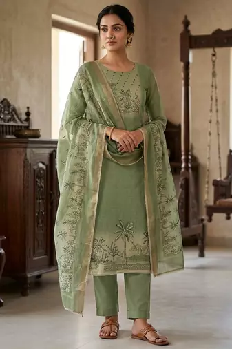 Green color cotton linen simmer fabric smart and graceful salwar kameez